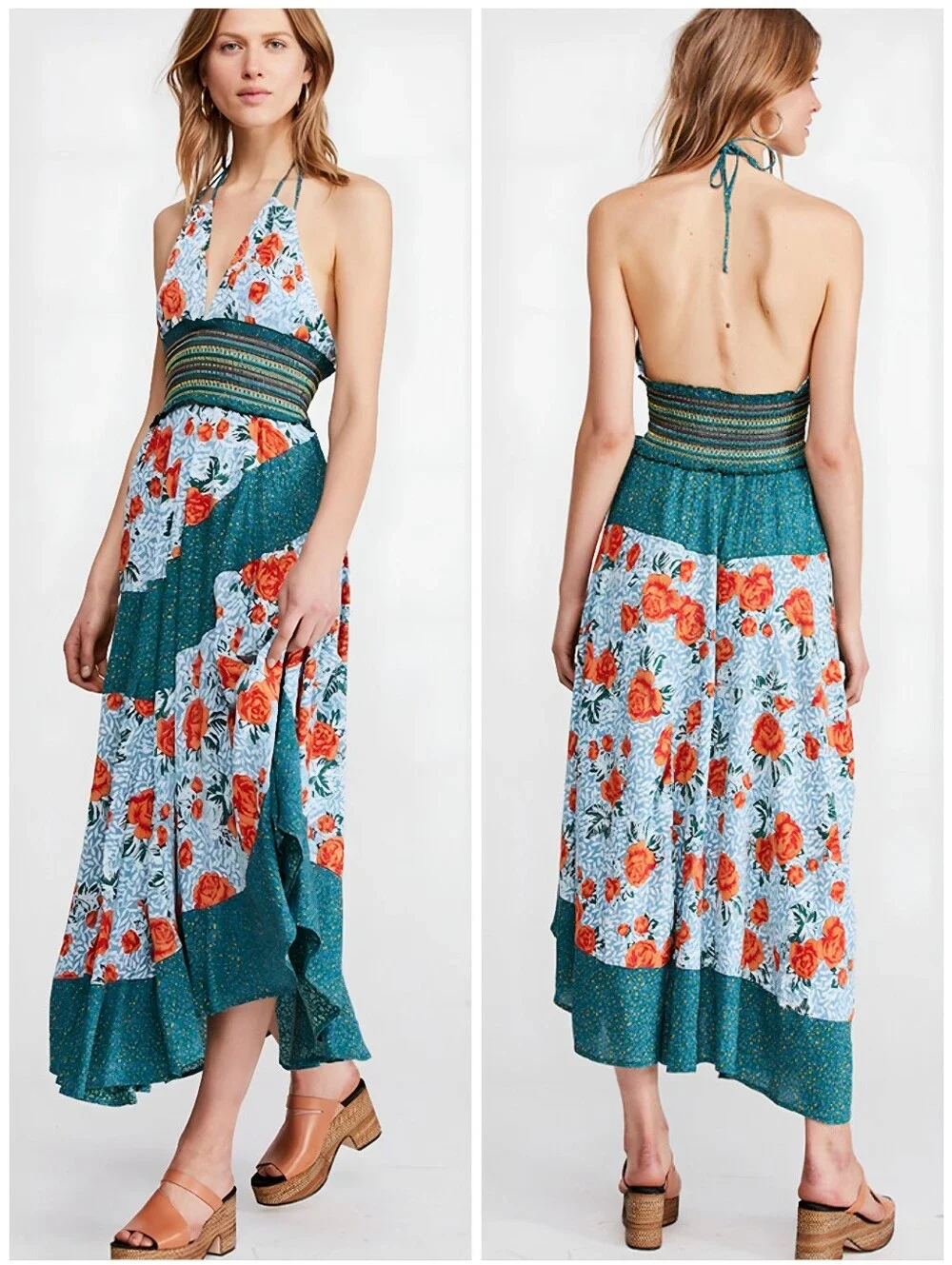 Free People Asymmetric Colorful Teal Orange Floral Halter Dress, S